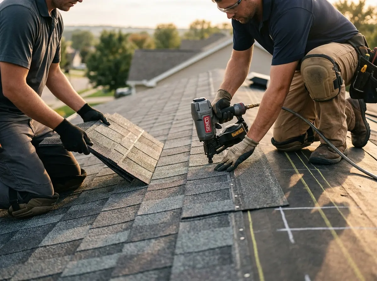Professional roofer working on a residential roof in St. Paul Park